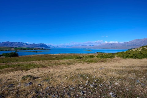 Large expanse of water surrounded by mountains and a grassy shoreline under a clear sky, Lake