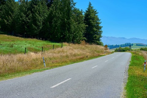 Rural road between trees and meadows in front of a mountain panorama, Geraldine Fairlie Lookout,