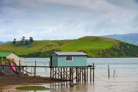 Cabin on stilts near water against green hills and cloudy sky, Broad Bay, Dunedin, Otago, South