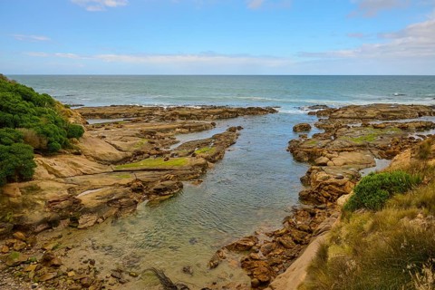Rocky coast with calm sea and blue sky with clouds, Shag Point Lookout, Shag Point, Palmerston,