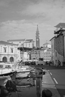 Marina and old town of Piran, black and white photo, Adriatic, Mediterranean, Piran, Istria,