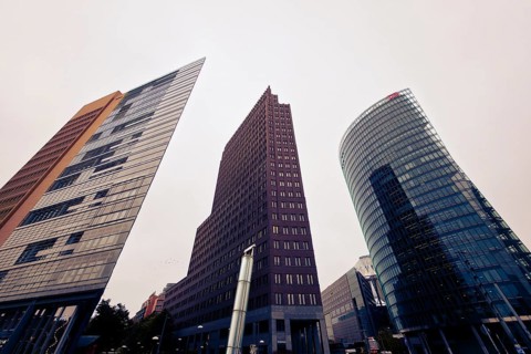 Warm tone and strong perspective of the distinctive skyscrapers on Potsdamer Platz, at Potsdamer