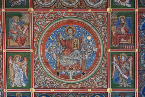 Painted wooden ceiling from the 13th century in the central nave of the nave depicting the Yesse
