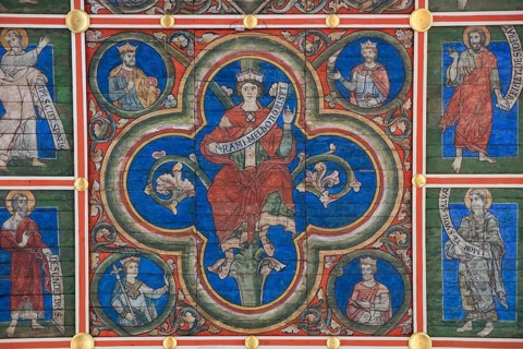 Painted wooden ceiling from the 13th century in the central nave of the nave depicting the Jesse