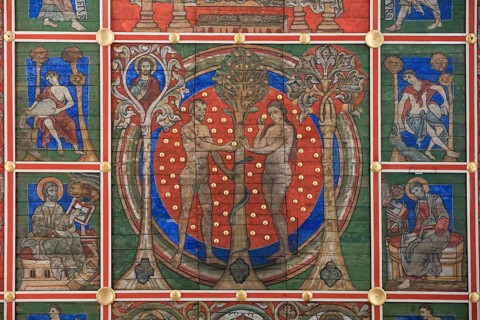 Painted wooden ceiling from the 13th century in the central nave of the nave depicting the Yesse