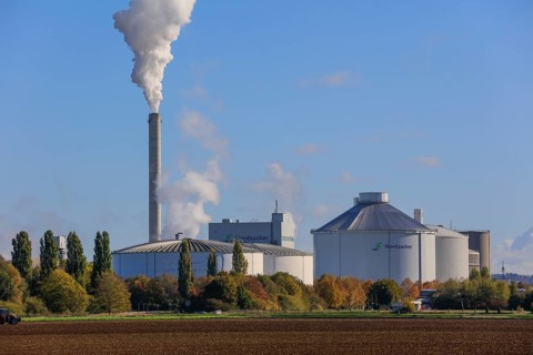 Nordzucker AG sugar factory, smoking chimney during the autumn harvest of sugar beets in the