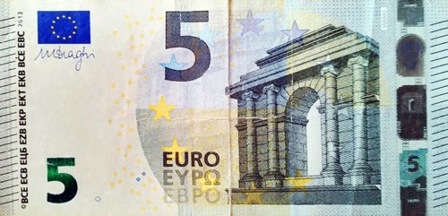 A 5 euro paper banknote issued by the European Central Bank. This banknote is used in financial