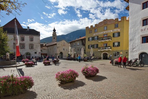 Historic buildings on the town square of Glorenza in South Tyrol