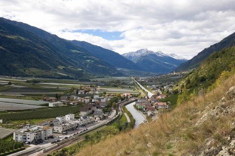 View of the Adige between Naturns and Kiards in the Vinschgau Valley, Italy