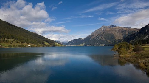 Landscape on Lake Reschen in the Vinschgau Valley in Italy