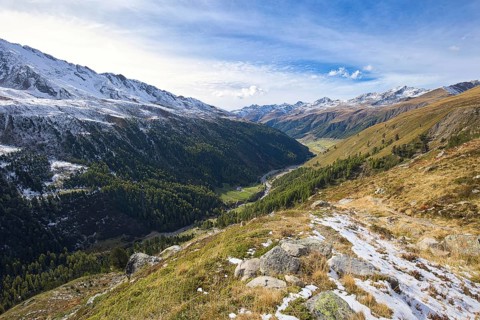 View down into the mountain landscape of the Langtauferer Valley in the Vinschgau Valley in Italy