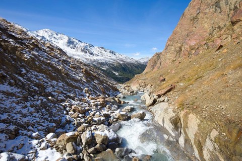 The landscape in the high mountains in the Vinschgau Valley in Italy is rough