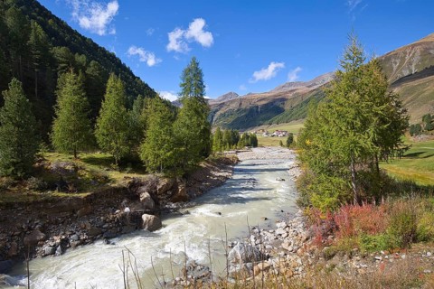 The Karlinbach originates in the high glaciers and flows through the Langtauferer Valley in the