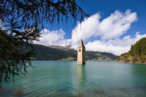 The church tower standing in Lake Reschen is the bell tower of the former parish church of St.