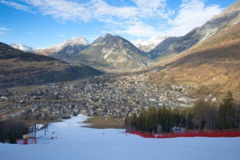 The final slope of the Stelvio ski slope leads down to the town of Bormio in Lombardy in Italy