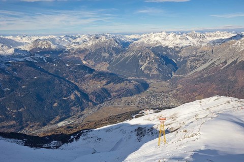 The town of Bormio is nestled in the Ortler-Cevedale mountain range in Italy. The landscape is