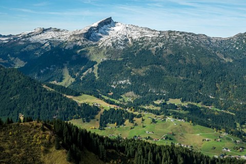 View of Hirschegg and the Kleinwalsertal valley, in the back of Hoher Ifen, Allgäu Alps,