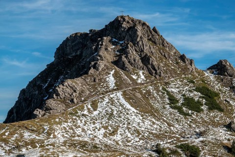 Summit with Kanzelwand summit cross, Kleinwalsertal, Vorarlberg, Allgäu Alps, Austria
