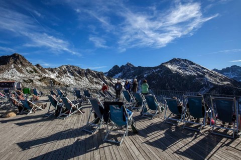 Sun terrace at Kanzelwand summit station, Kleiwalsertal, Allgäu Alps, Allgäu, Vorarlberg, Austria