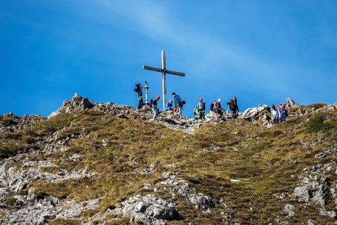 Summit of the Kanzelwand with summit cross and people, Allgäu Alps, Allgäu, Vorarlberg, Austria