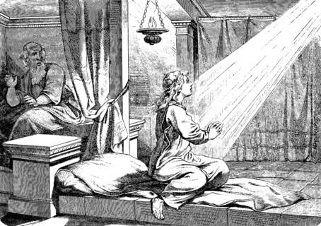 Young Samuel receives the first revelation, First Book of Samuel, chapter 3, ray of light, oil