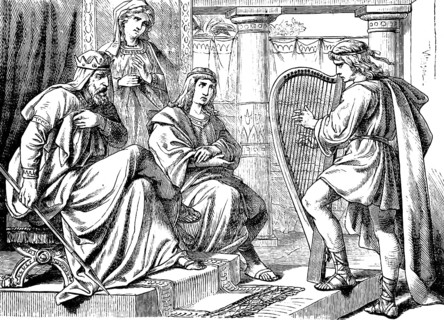 Saul tried to skewer David on the wall, First Book of Samuel, chapter 19, harp, king, spear,