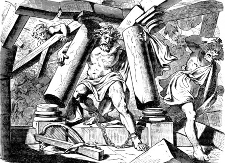 Samson breaks the pillars and dies with the princes and the people, God, wrath, shackles, chain,