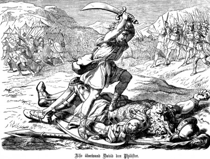 David kills the Philistine with his sword, First Book of Ruth, chapter 17, killing, beheading, war,