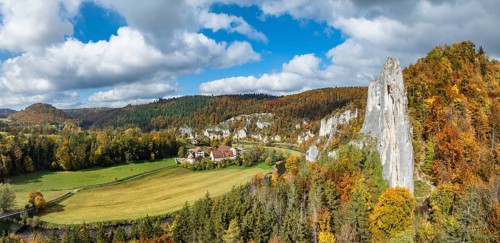 Aerial view, panorama of Käppeler estate with the St. George's Basilica near Thiergarten in the