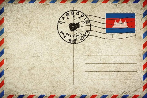 Cambodia Takeo Vintage Air Mail Envelope with Flag and Postmark