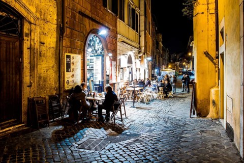 Street with bars and restaurants in Roman Ghetto (Ghetto di Roma). Rome, Province of Rome, Italy.
