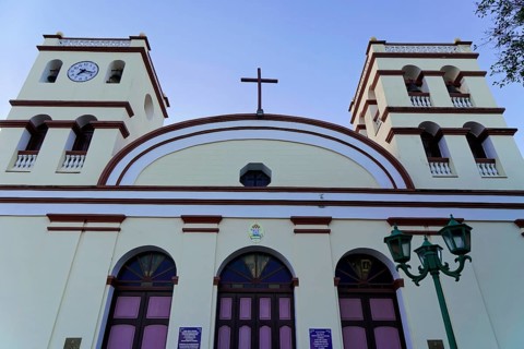 Baracoa, Cuba, Central America, A church with two towers and a cross under a blue sky, Greater