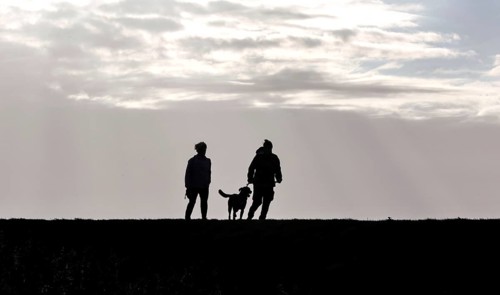 Couple with dog walking across a dike on the Baltic Sea, Fehmarn, 16.10.2025, Fehmarn,