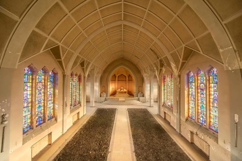 Church, chapel, glass, stained glass, mosaic, bright, altar, empty, deserted, deserted, symmetry,