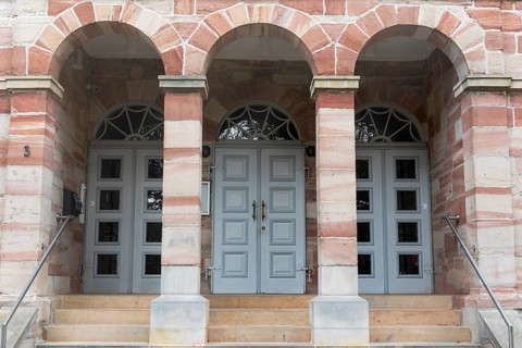 Entrance, former Pestalozzi School, Classicist school building, Schulberg, Eschwege, small town,