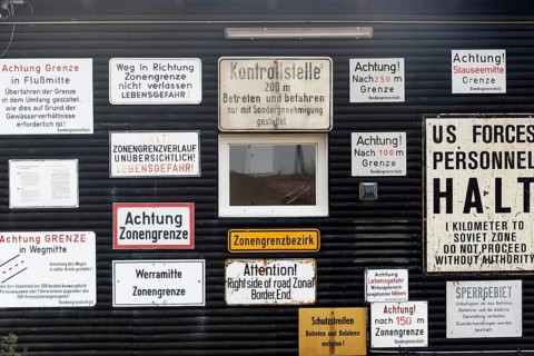 Historical signs on the former zone border, Schifflersgrund border museum, memorial, GDR barriers,