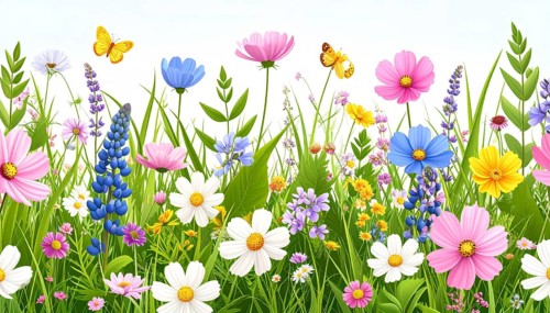 Vibrant wildflowers and grass create a colorful and joyful floral pattern, Variety of wild flowers,