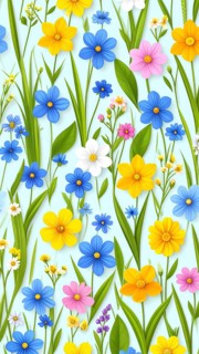 Vibrant wildflowers and grass create a colorful and joyful floral pattern, Variety of wild flowers,