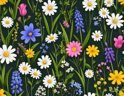 Vibrant wildflowers and grass create a colorful and joyful floral pattern, Variety of wild flowers,