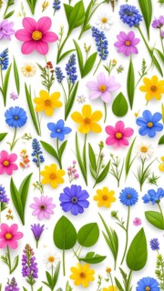 Vibrant wildflowers and grass create a colorful and joyful floral pattern, Variety of wild flowers,