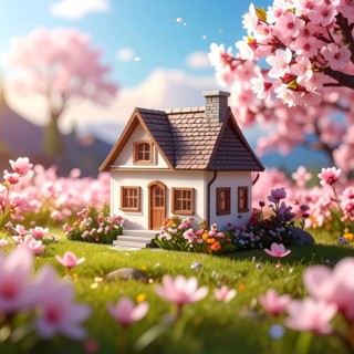 A miniature house surrounded by blooming cherry blossoms and warm sunlight, creating a peaceful and