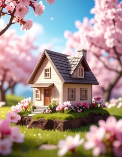 A miniature house surrounded by blooming cherry blossoms and warm sunlight, creating a peaceful and