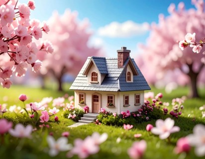 A miniature house surrounded by blooming cherry blossoms and warm sunlight, creating a peaceful and
