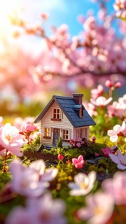 A miniature house surrounded by blooming cherry blossoms and warm sunlight, creating a peaceful and