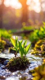 Beautiful spring detailed stream of fresh water, vibrant blooming young green plants, wallpaper