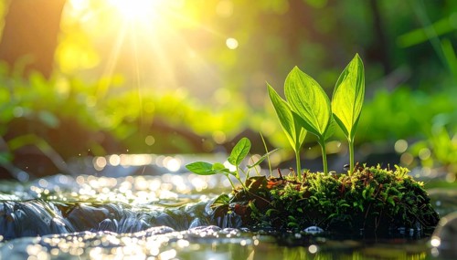 Beautiful spring detailed stream of fresh water, vibrant blooming young green plants, wallpaper