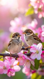Small funny Sparrow Chicks sit in the garden surrounded by pink Apple blossoms on a Sunny may day,
