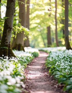 A tranquil forest path lined with white flowers, surrounded by tall trees and bathed in soft