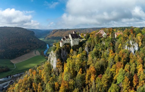 Aerial view of Werenwag Castle and former Werenwag Castle on a rocky spur in the Upper Danube