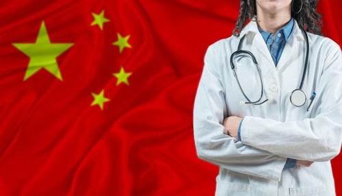 Medical professional on Chinese flag. Healthcare and wellness in China, Concept